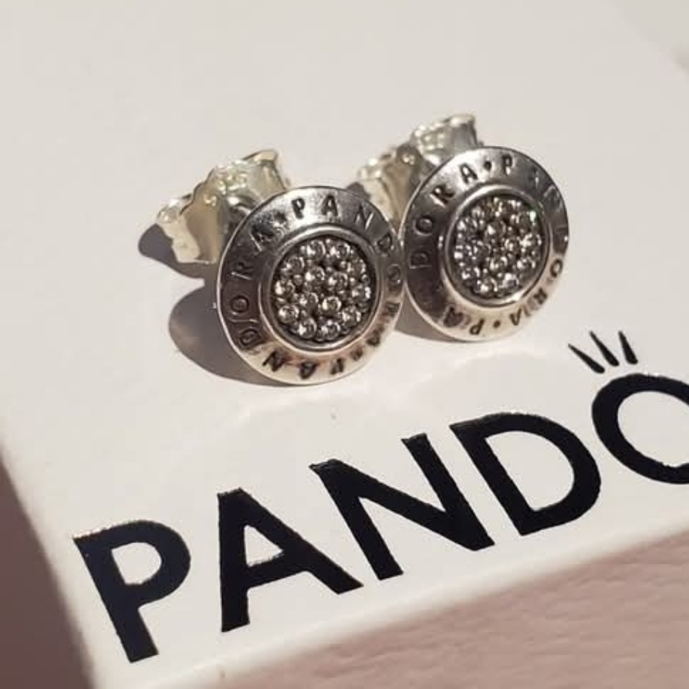 Pandora Silver Stud Earrings with Sparkling Accents